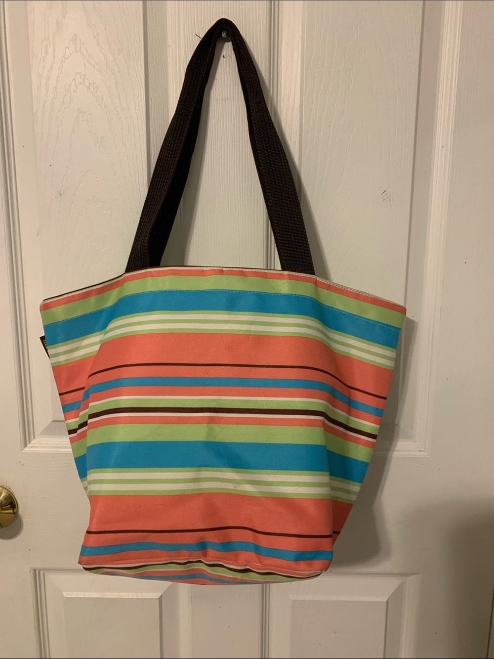 Striped Coral, Teal & Lime Bucket Bag with Brown Handles